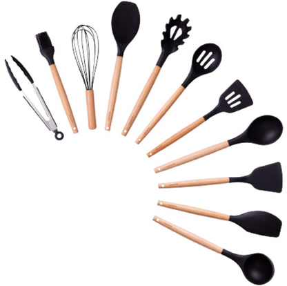 Set de Utensilios de Cocina de Silicona con Mango de Bambú – Completo y Elegante