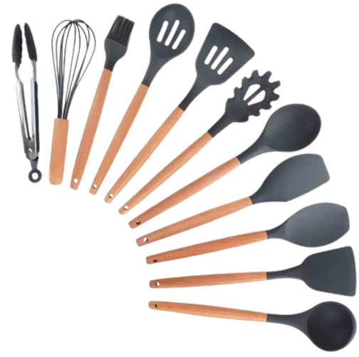 Set de Utensilios de Cocina de Silicona con Mango de Bambú – Completo y Elegante