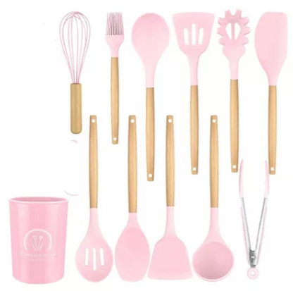 Set de Utensilios de Cocina de Silicona con Mango de Bambú – Completo y Elegante